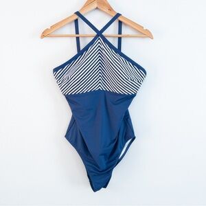 Moontide High Neck Triangle Stripe Blue White One Piece Maillot Swimsuit XL 12